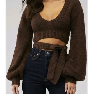 For Love And Lemons Chocolate Brown Cropped Wrap Balloon Sleeve Sweater